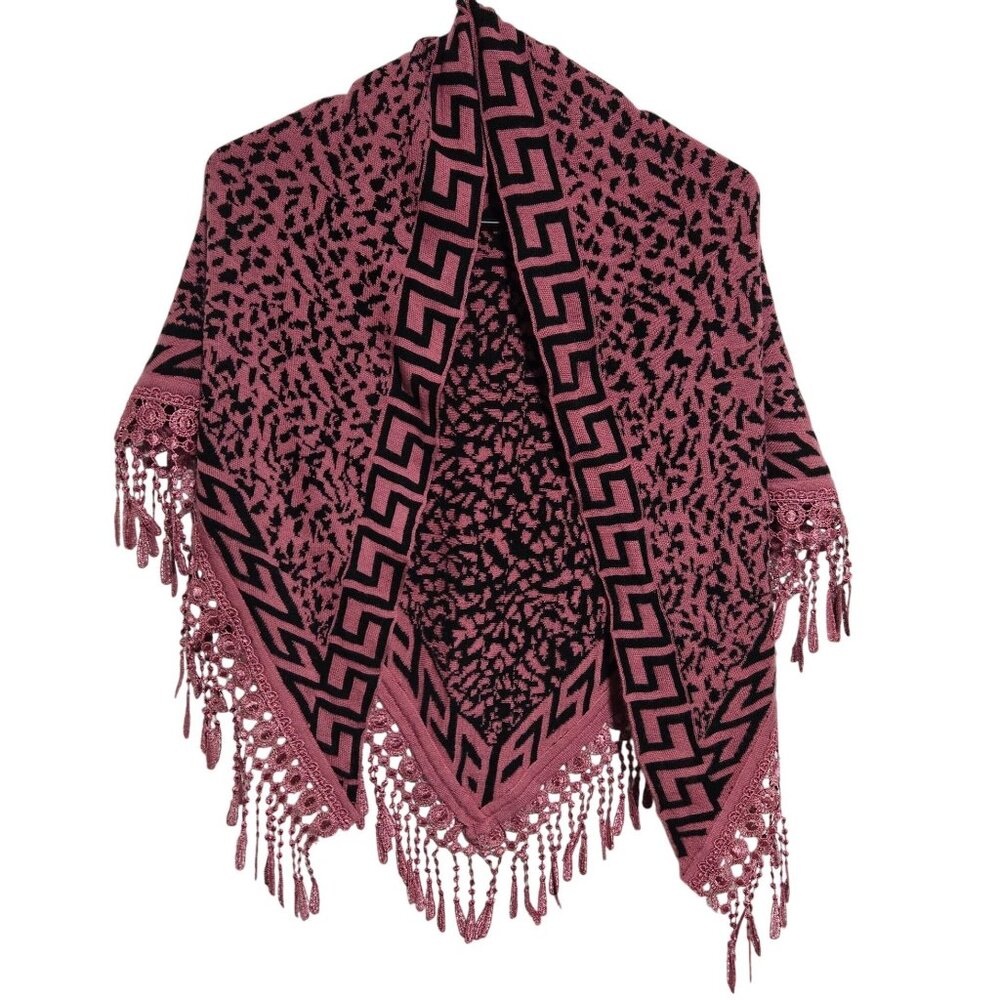 Pink Black Knit Triangle Wrap Shawl Scarf Fringe Lace Trim Womens One Size